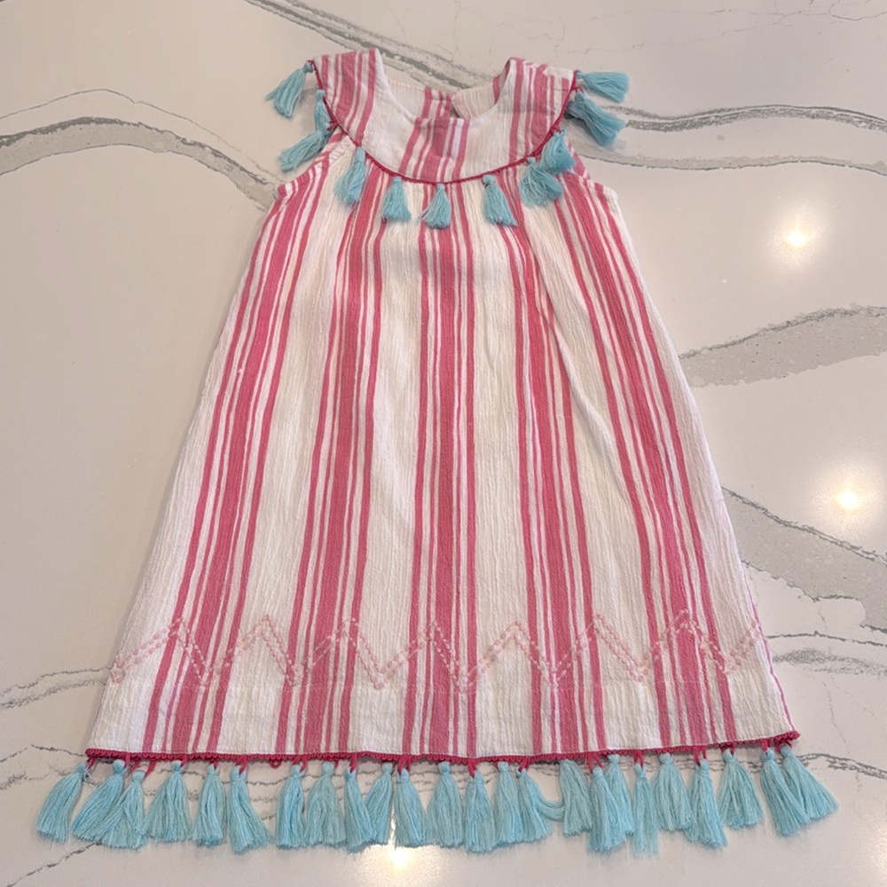 mer st. barth girls ring collar shift dress cotton crepe tassel size 6